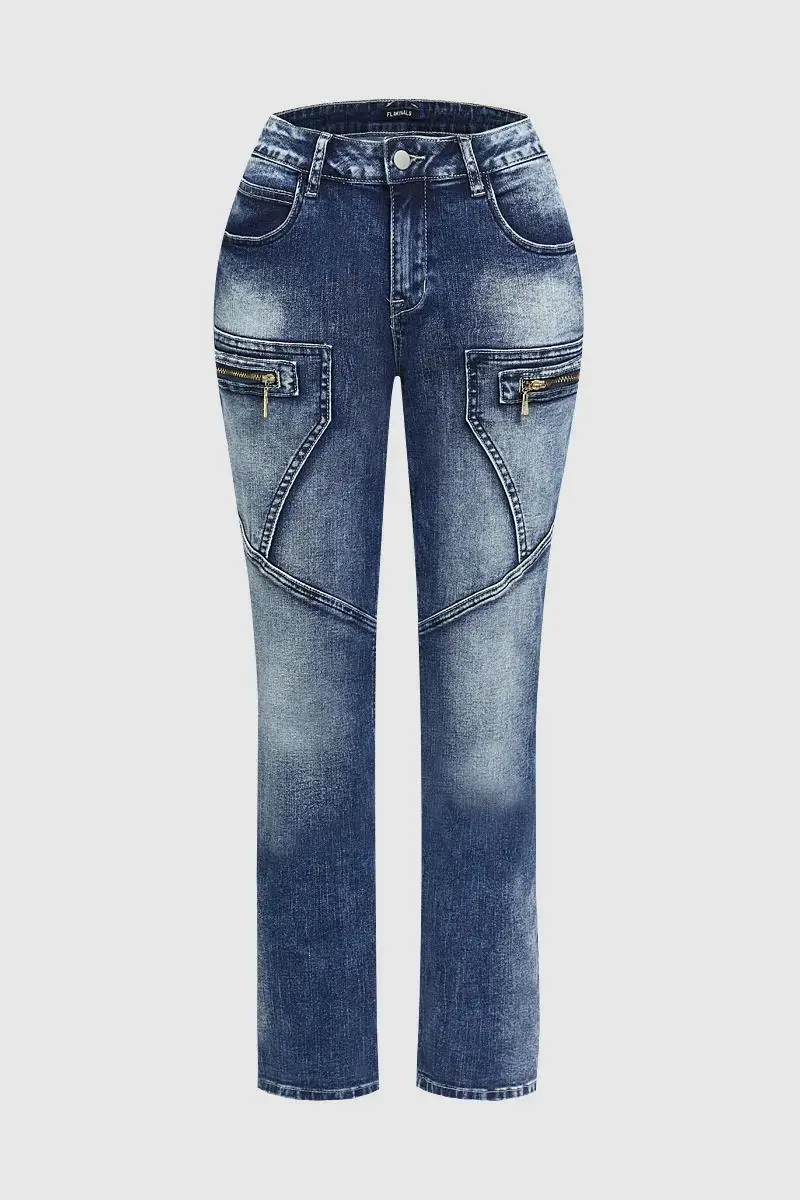 Zip Pocket Roll Hem Mid Waist Crop Jeans Without Belt