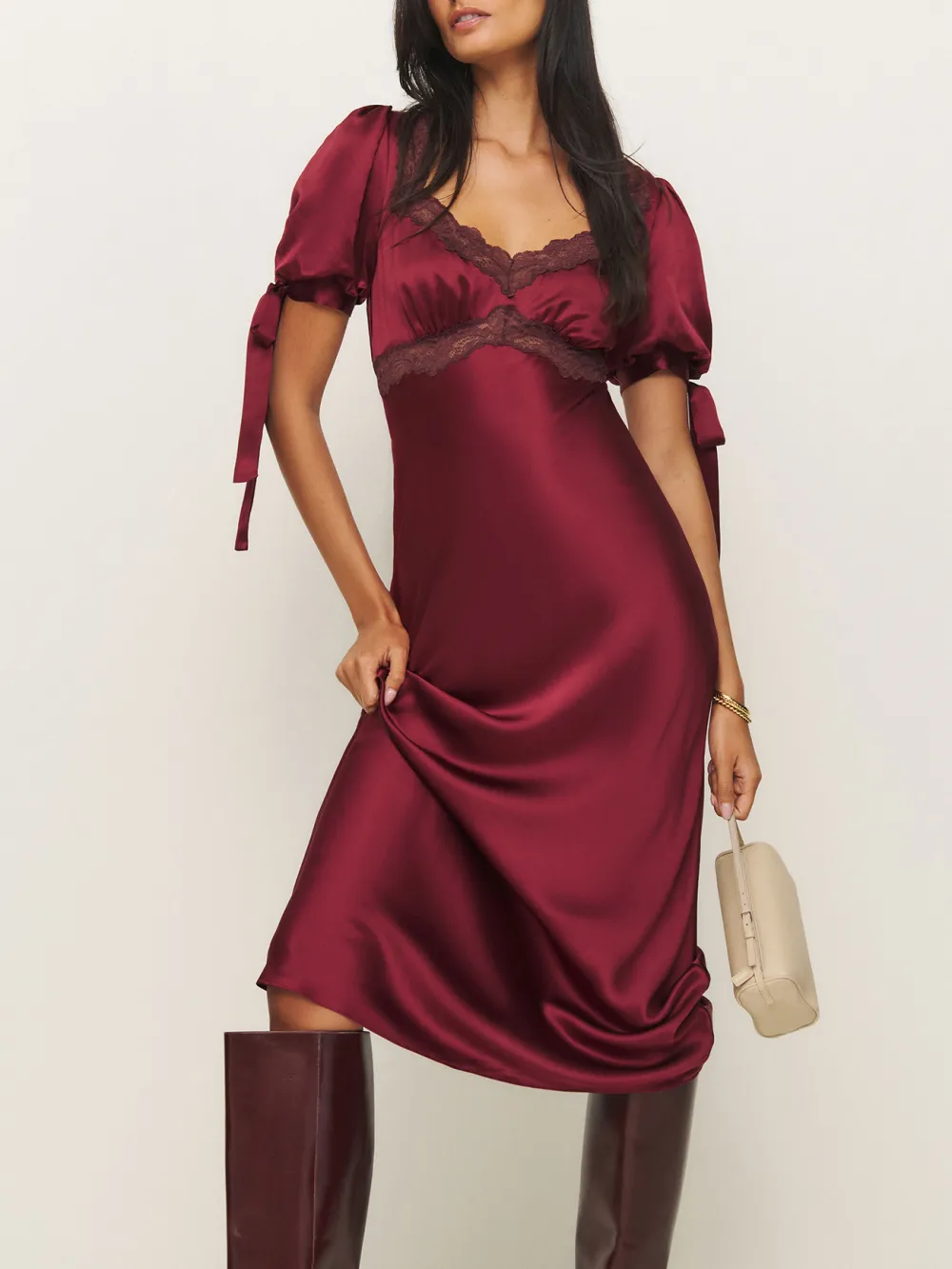 Lace Trimmed Tie Sleeve Silk Midi Dress