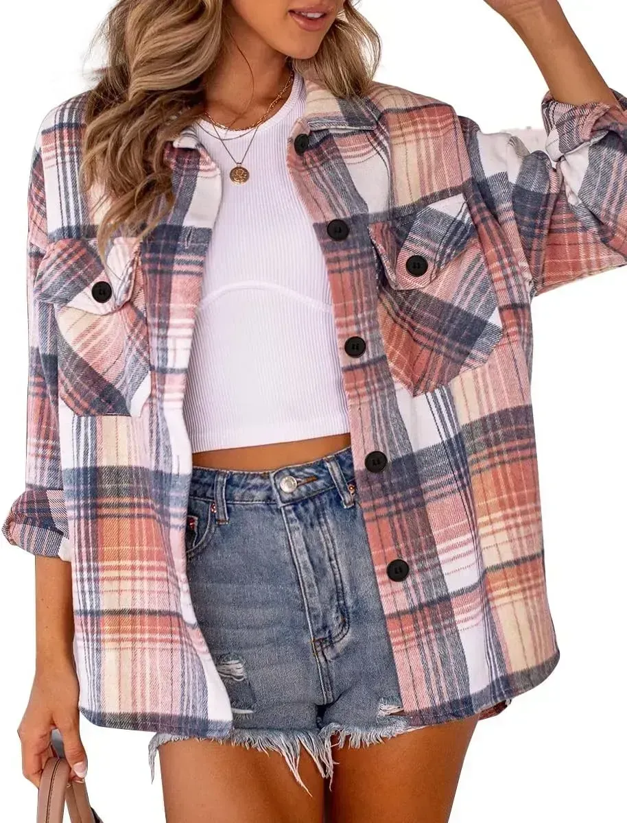 Womens Casual Plaid Shacket Button Down Long Sleeve Shirt