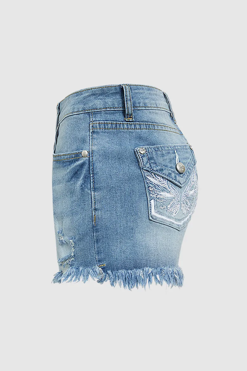 Embroidery Ripped Raw Hem Button Fly Mid Rise Denim Shorts