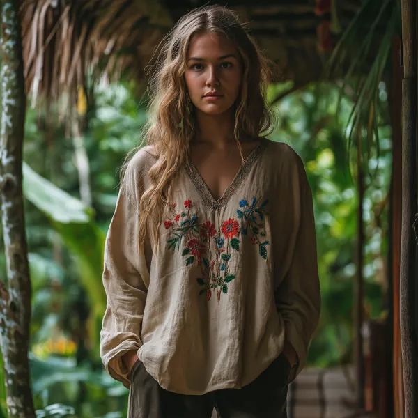 Vintage Bohemian Floral Embroidered Linen V-neck Shirt