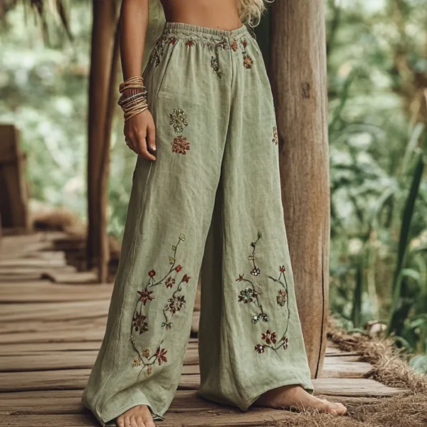 Bohemian Holiday Style Linen Bohemian Leaf Ethnic Totem Print Linen Long Loose Wide-leg Pants