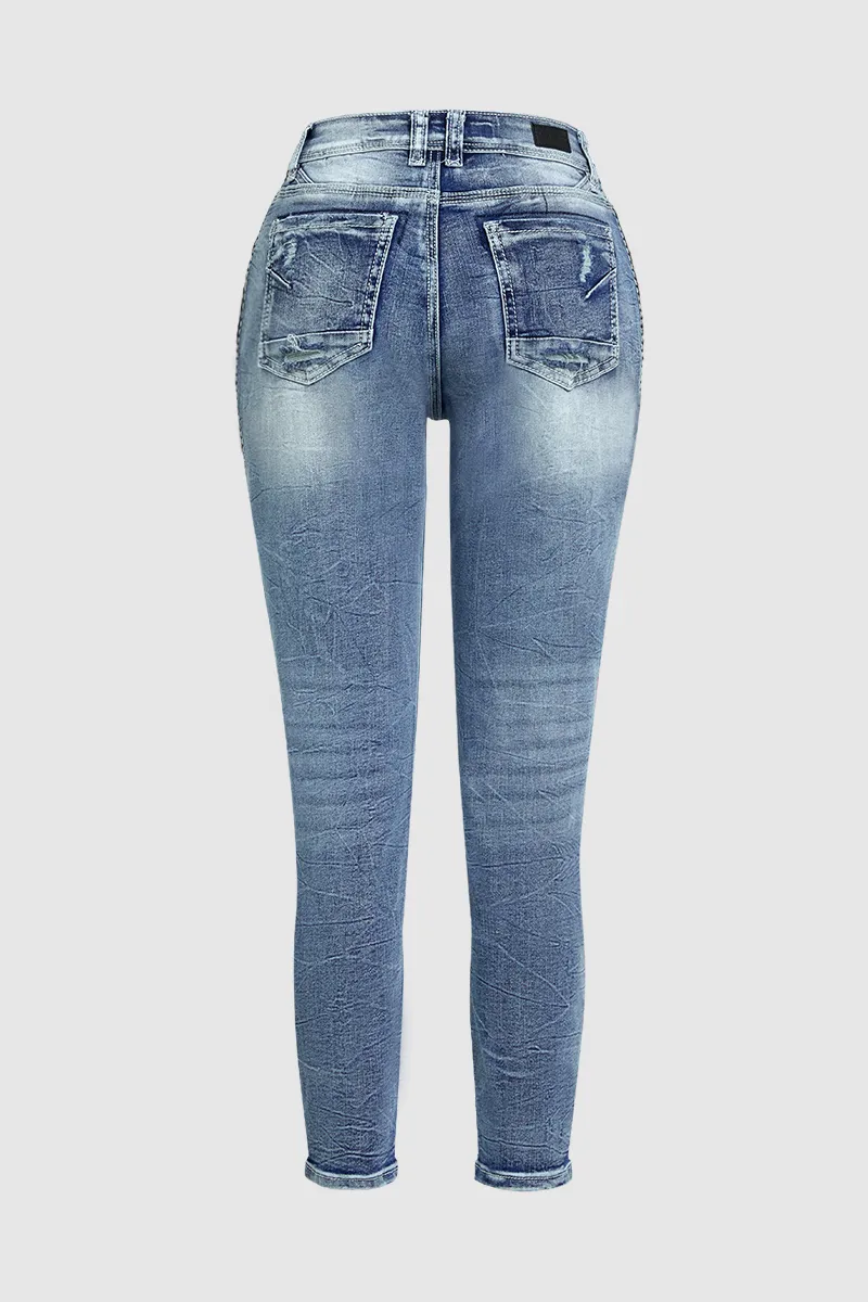 Roll Hem Wash High Stretch Mid Rise Capri Jeans