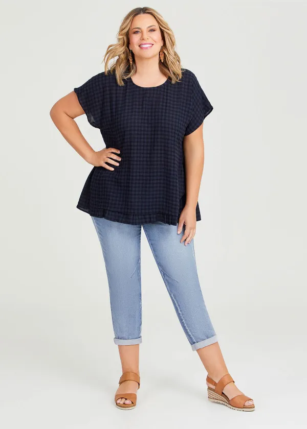 Cotton Blend Gingham Frill Top