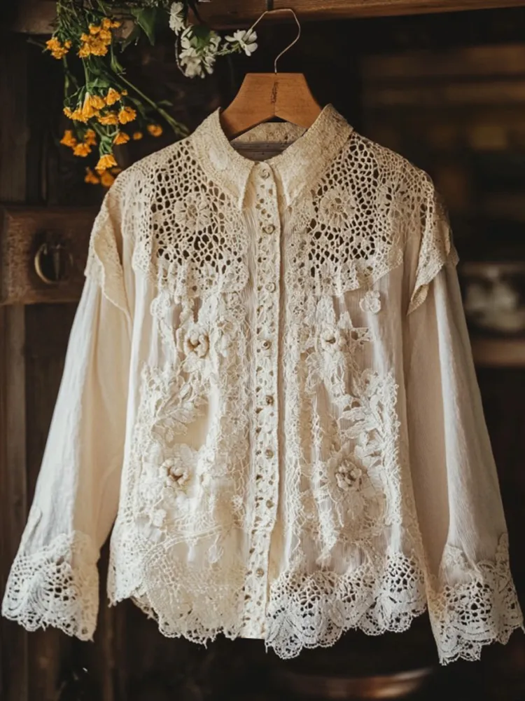 Women's Retro Floral Lace Embroidery Art Lapel Shirt
