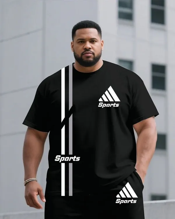 Big Tall Men Black Chest Brand Sports Small Label Printed Round Neck Short Sleeve T-Shirt Shorts Suit