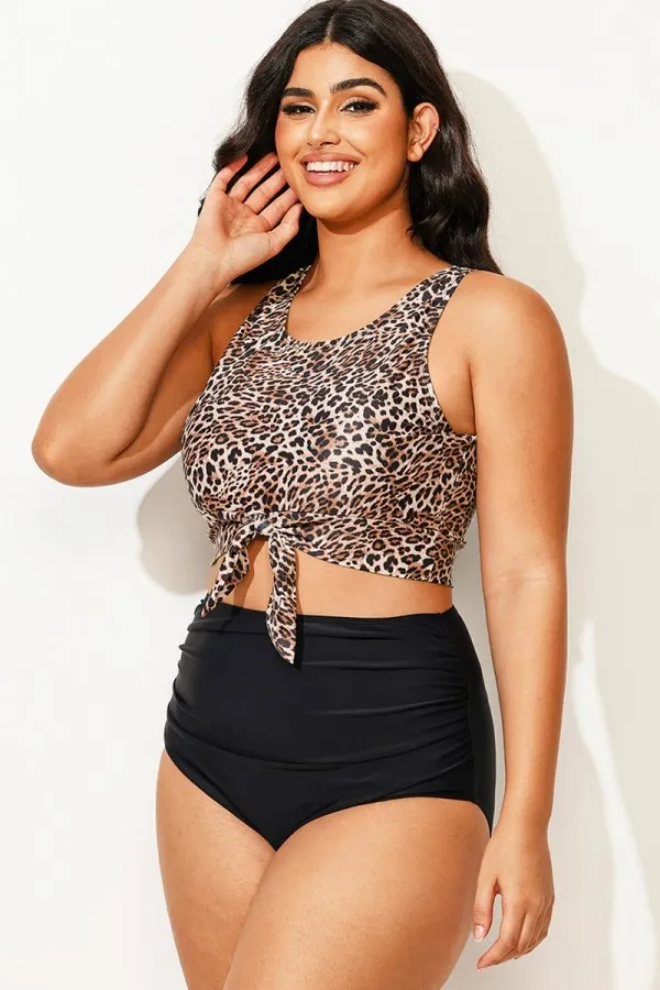 Leopard Print Knotted Crop Bikini Top