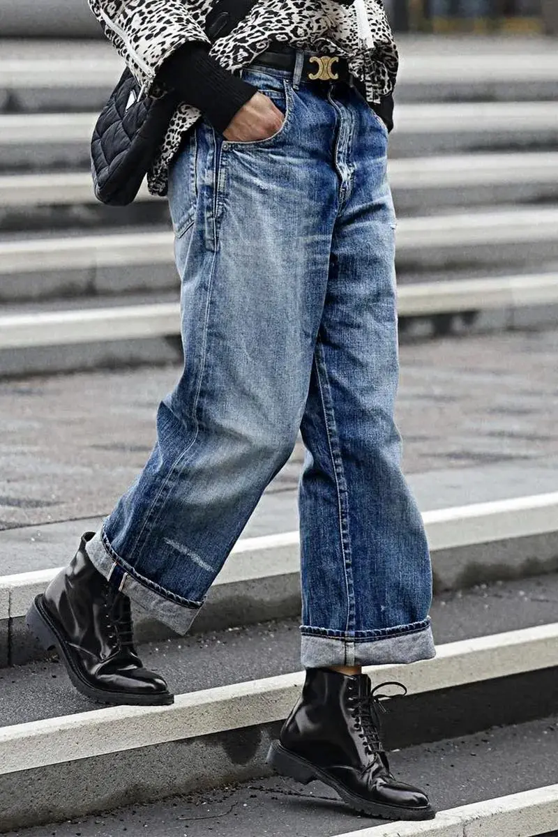 Wash Ripped Roll Hem High Rise Straight Leg Jeans Without Belt