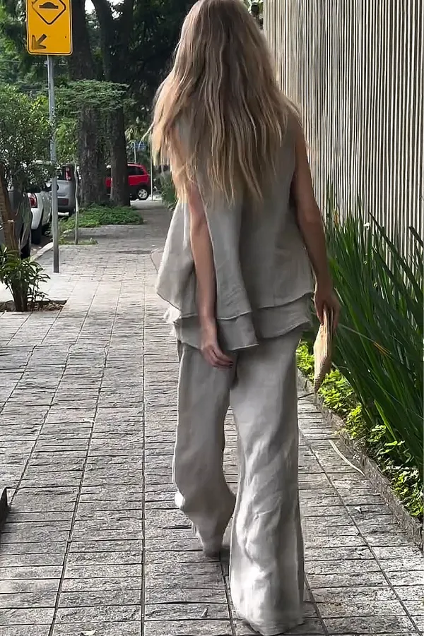 Women'S Solid Color Cotton And Linen Casual Top And Pants Two-Piece Set
