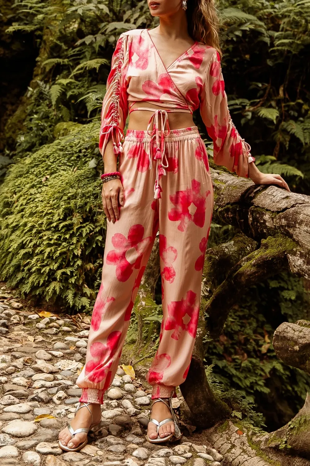 Pink And Red Tropical Print Wrap Crop Top
