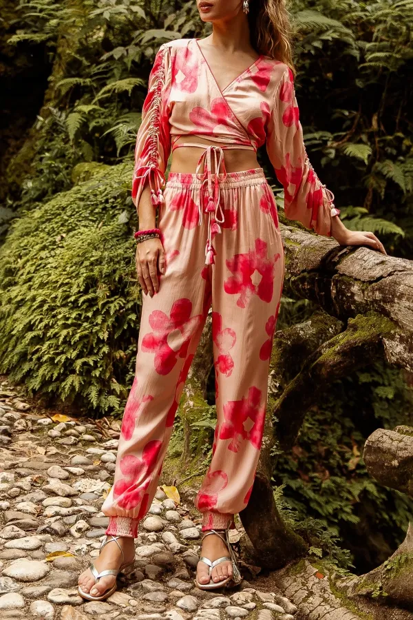 Pink And Red Tropical Print Wrap Crop Top