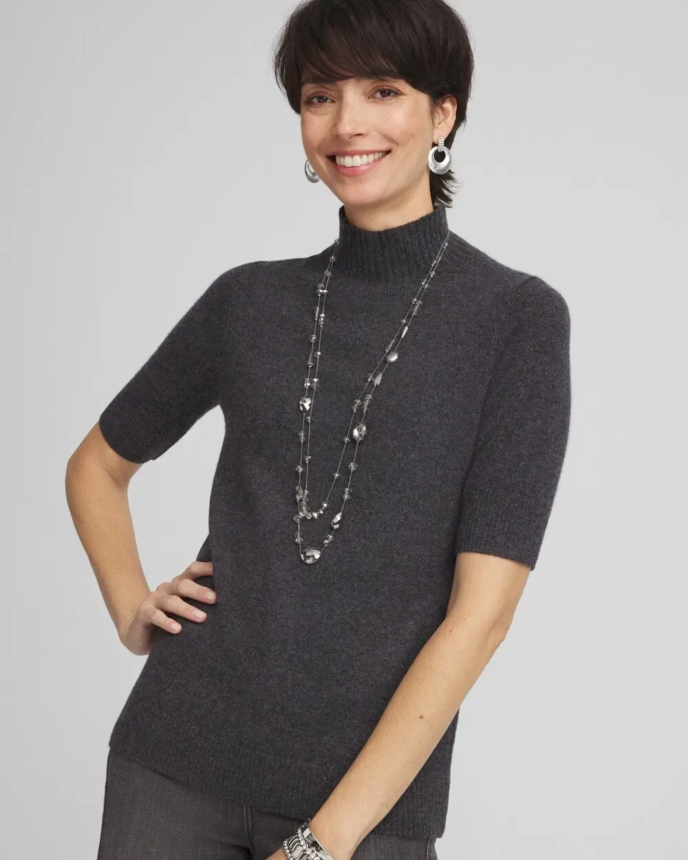 Cashmere Elbow Sleeve Mock Neck Sweater