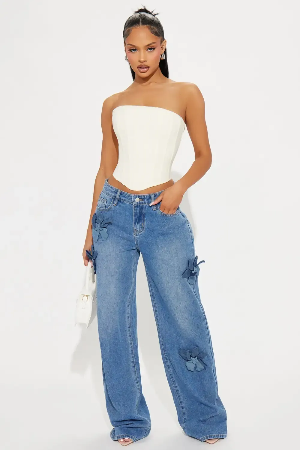Tall Floria Baggy Flower Applique Jeans - Medium Wash