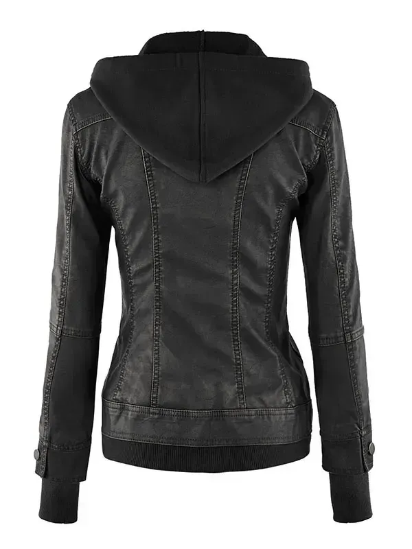 Women's Detachable Hooded Faux Leather Motorcycle Jacket