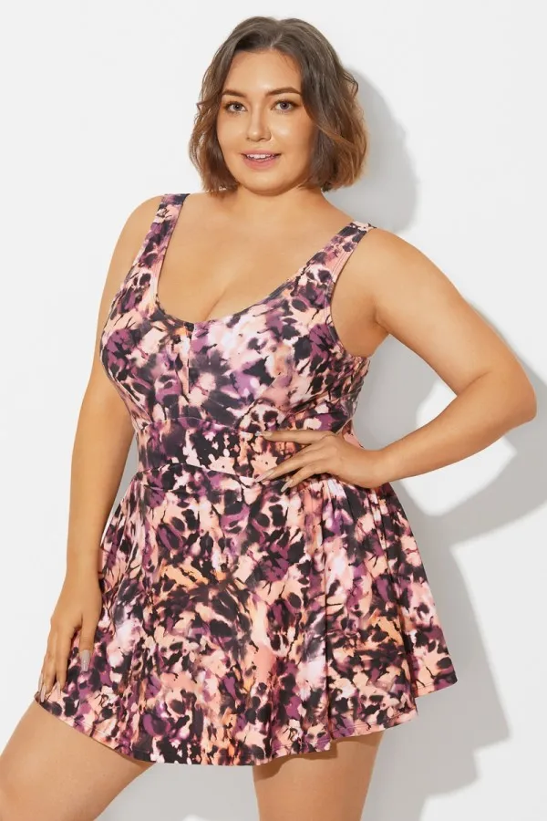 V-Neck Auburn Tie Dye Black Elegant Swimdress