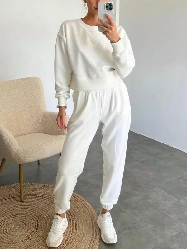 Women's Round Neck Solid Color Sports Two-piece Suit