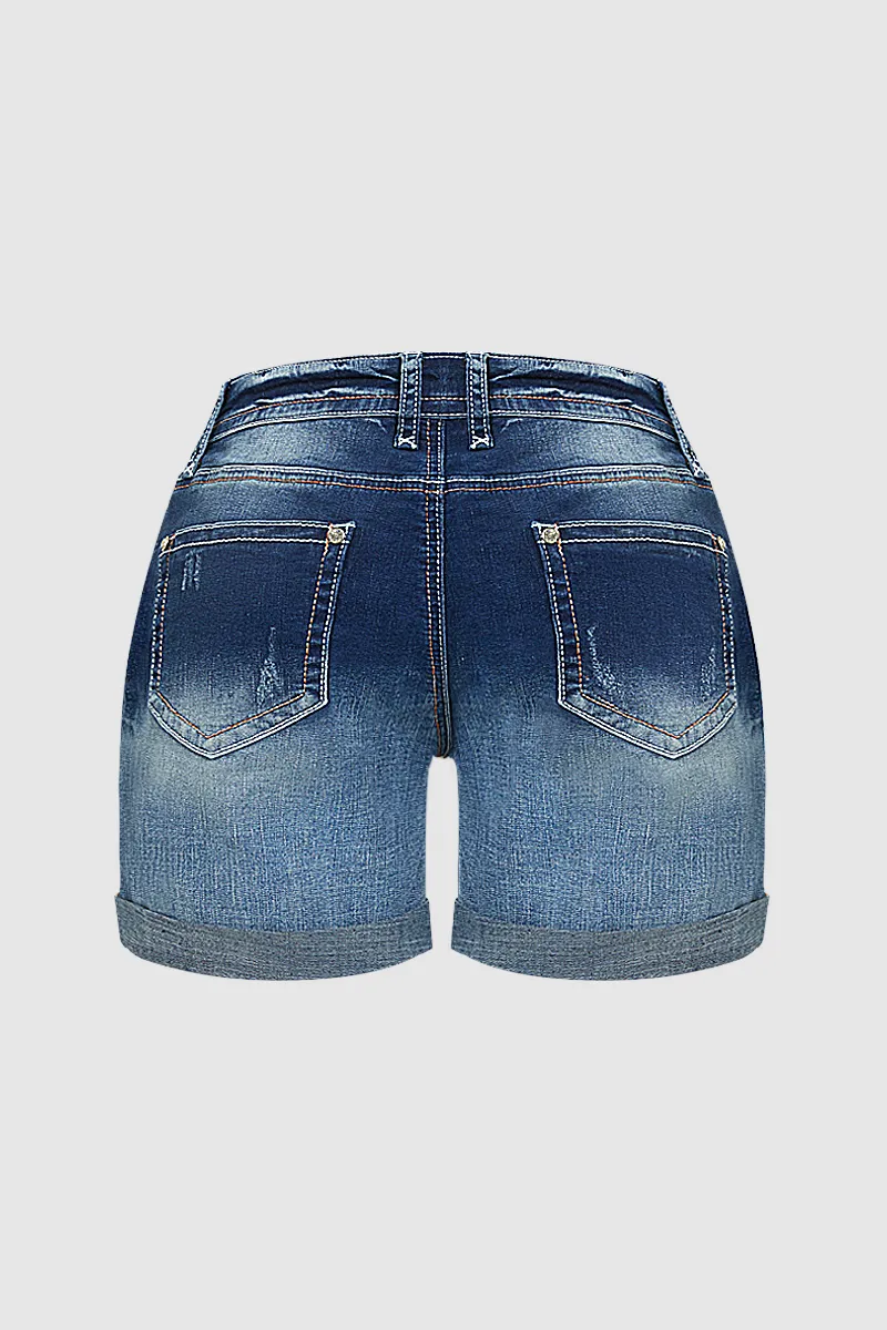 Ripped Roll Hem Low Waist Denim Mid Thigh Shorts