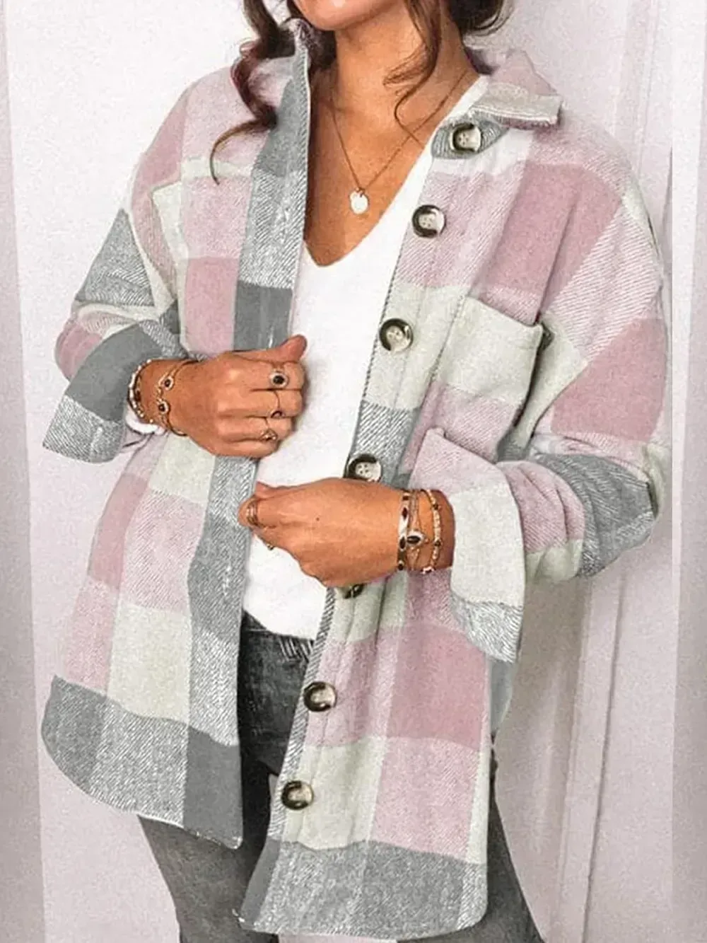 Womens Casual Plaid Shacket Button Down Long Sleeve Shirt