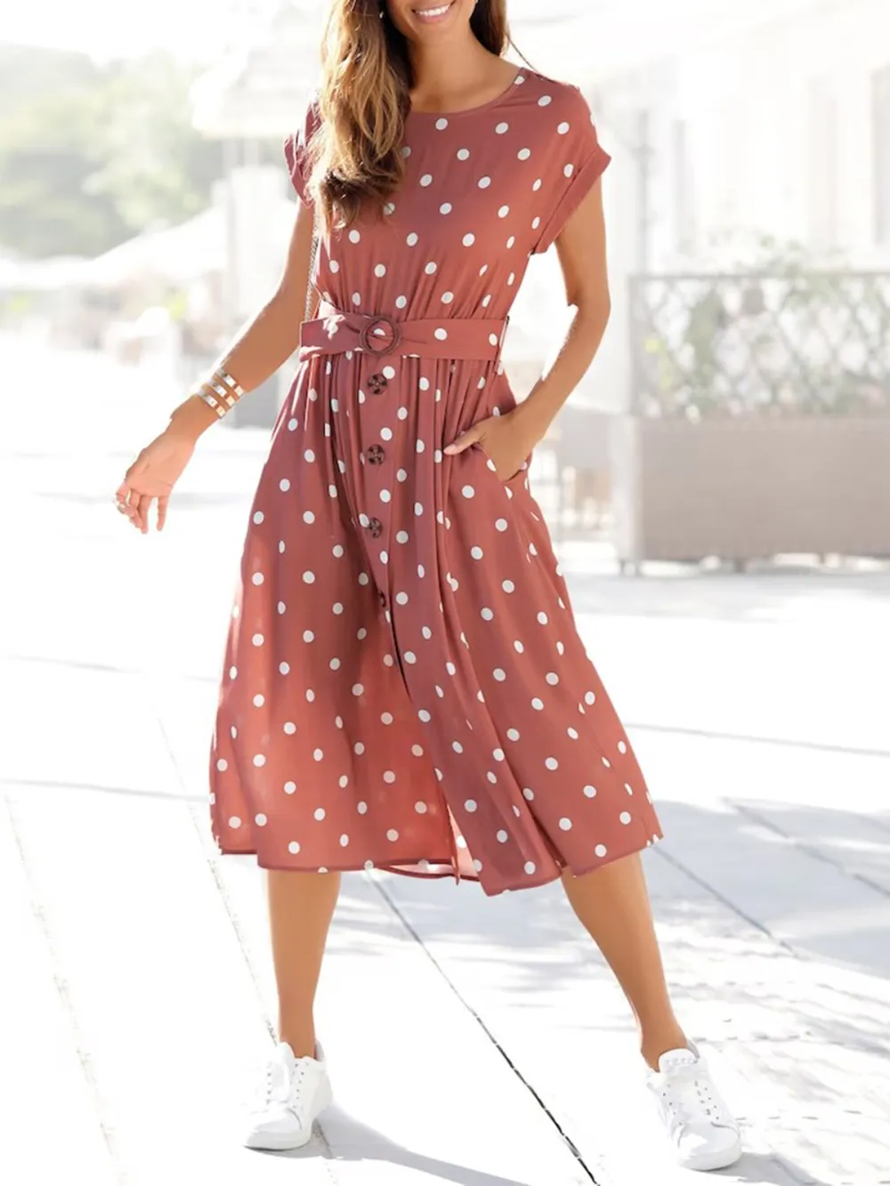 PolkaDot Crew Neck Casual Style Dress