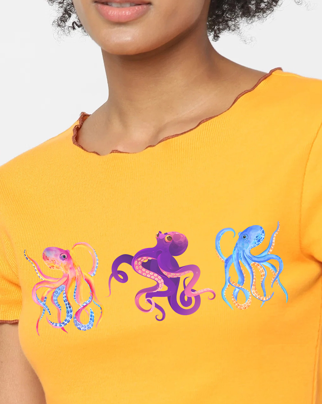 Yellow Octopus Print Short Sleeve Cropped T-shirt