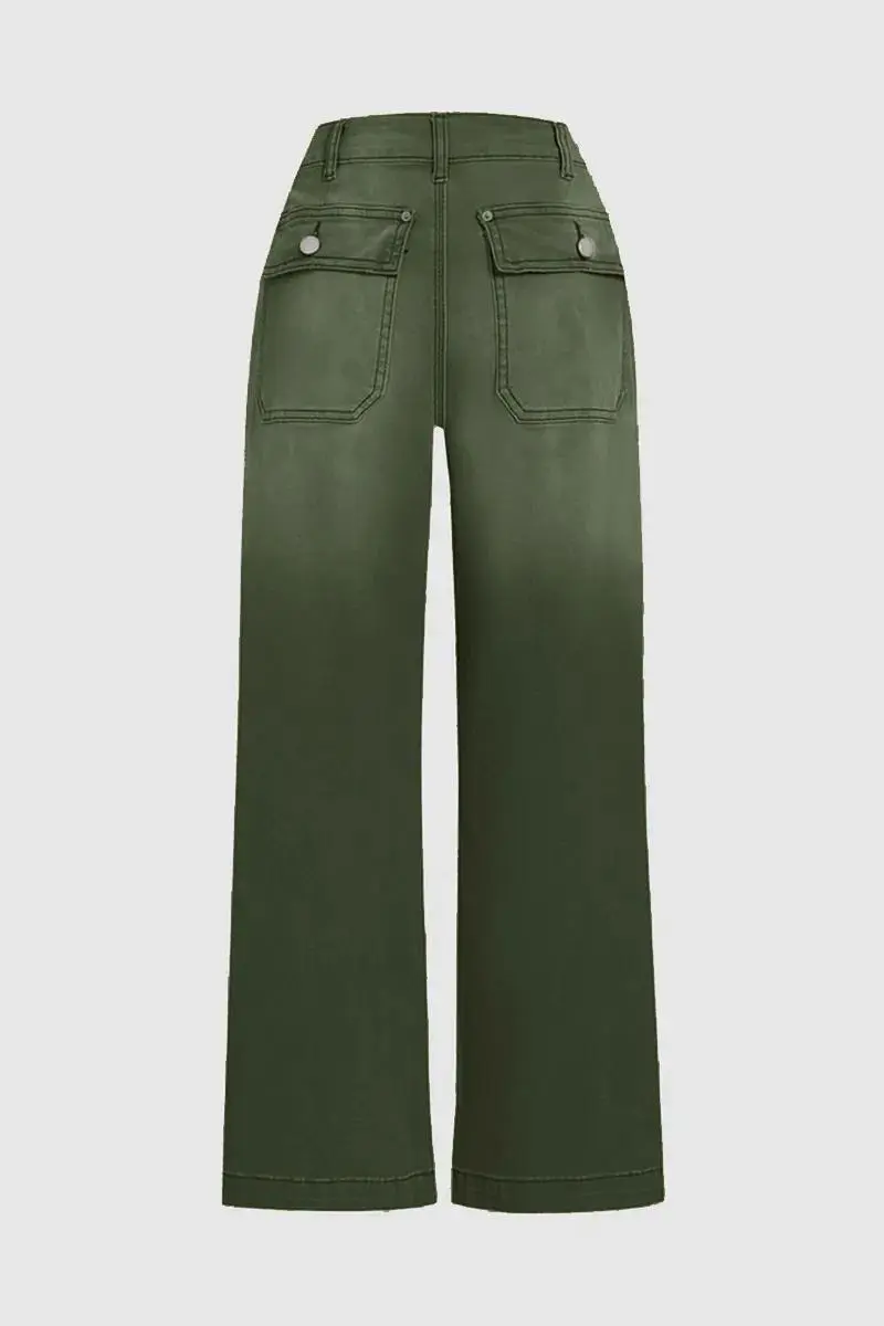 Flap Pocket Back Mid Waist Crop Pants Without Belt