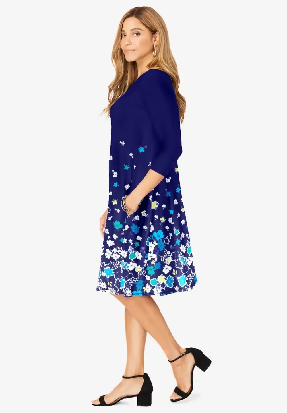 Stretch Knit Three-Quarter Sleeve T-shirt Dress