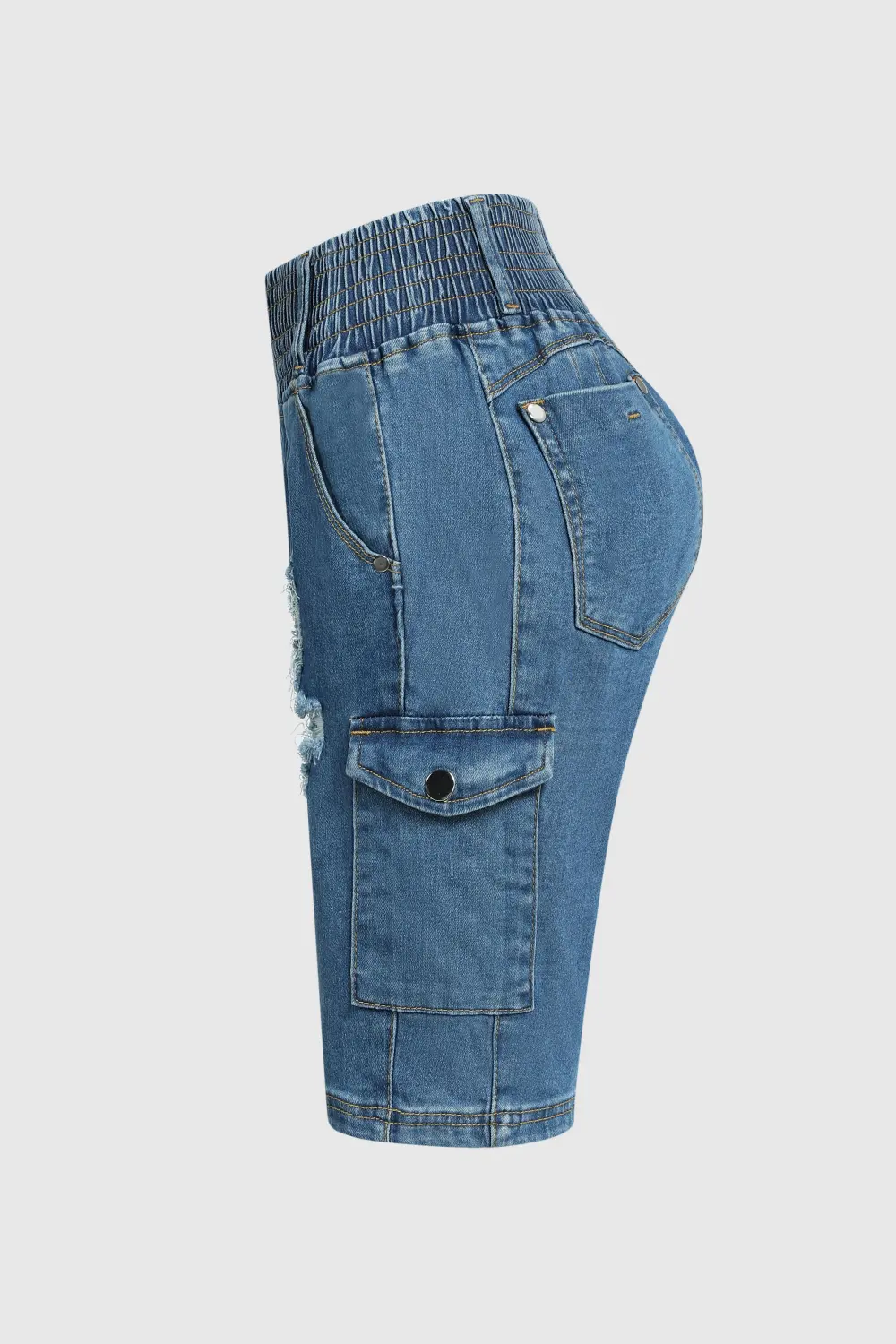Ripped Flap Pocket Elastic High Waist Denim Bermuda Shorts
