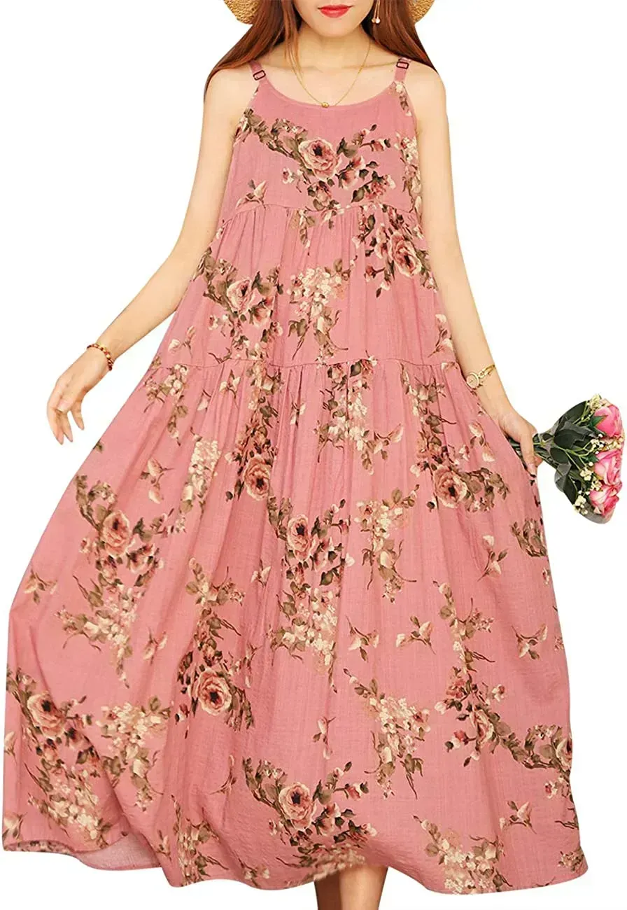 Summer Dresses for Women Casual Loose Bohemian Floral Dress with Pockets Spaghetti Strap Maxi Dress E75
