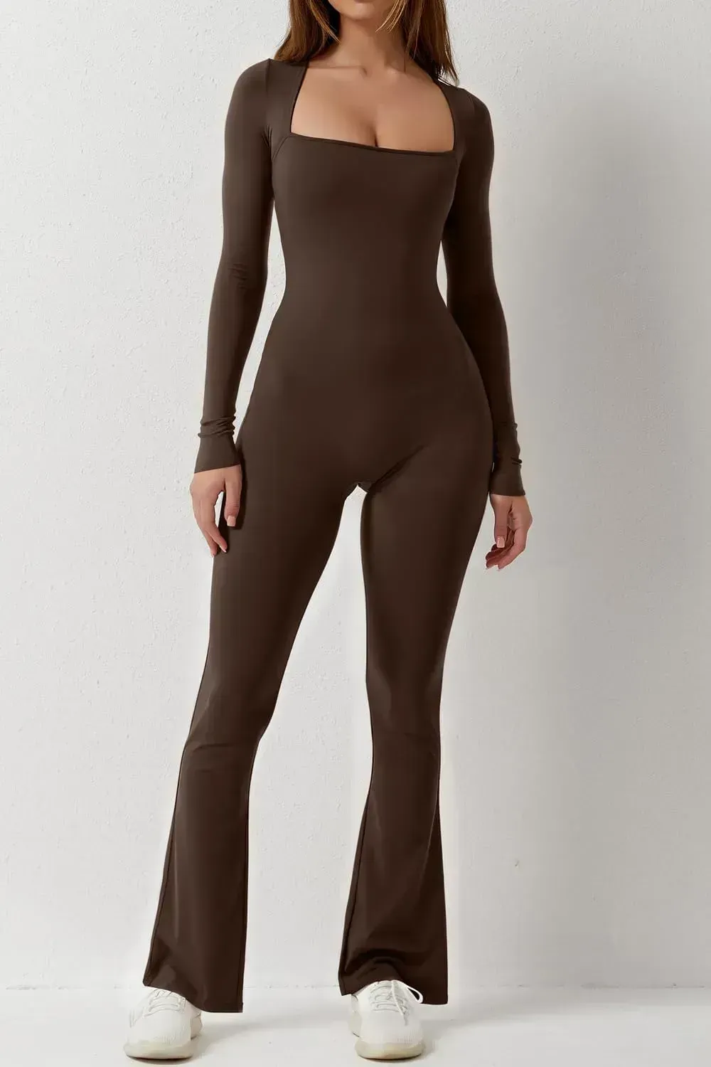 Long Sleeve Jumpsuits for Women Square Neck Wide Leg Full Length Romper Playsuit