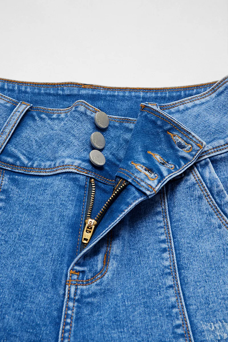 Wash Seam Front Button Fly High Rise Denim Bermuda Shorts