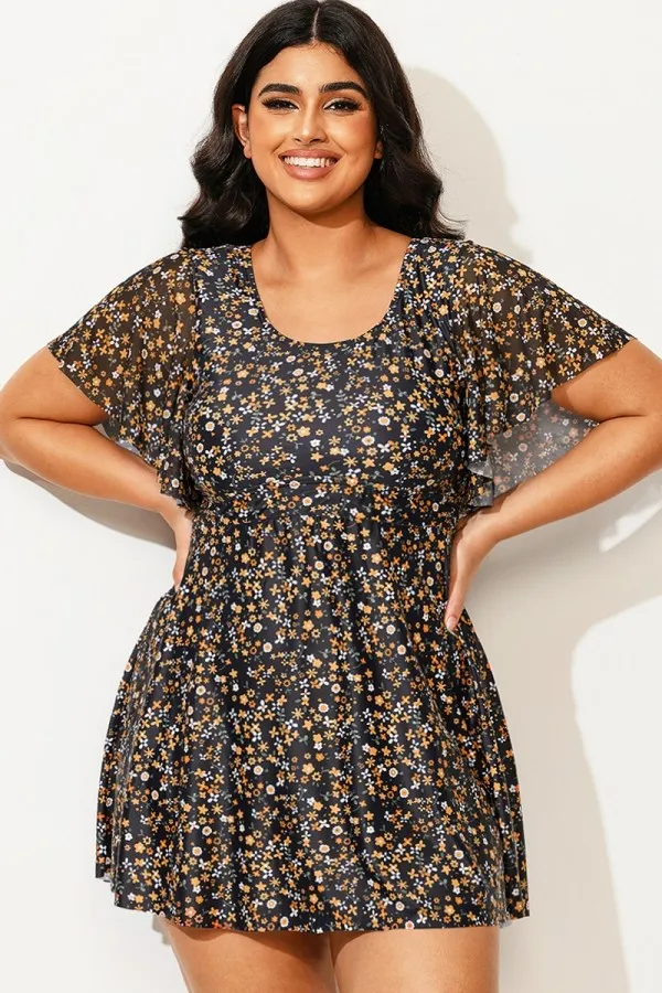 Floral Print Short Sleeve Round Neck Women Swimdress