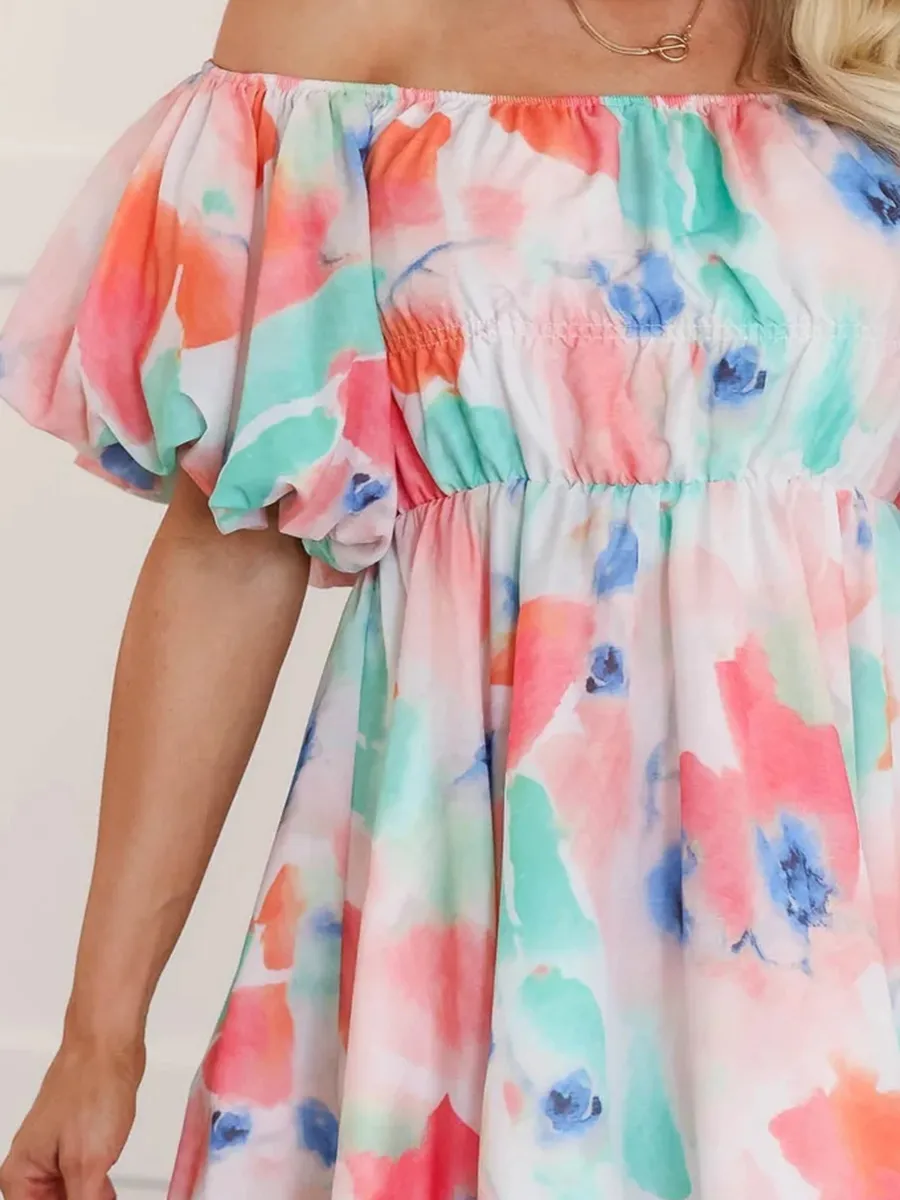 Watercolor Pattern Bubble Sleeve Dress