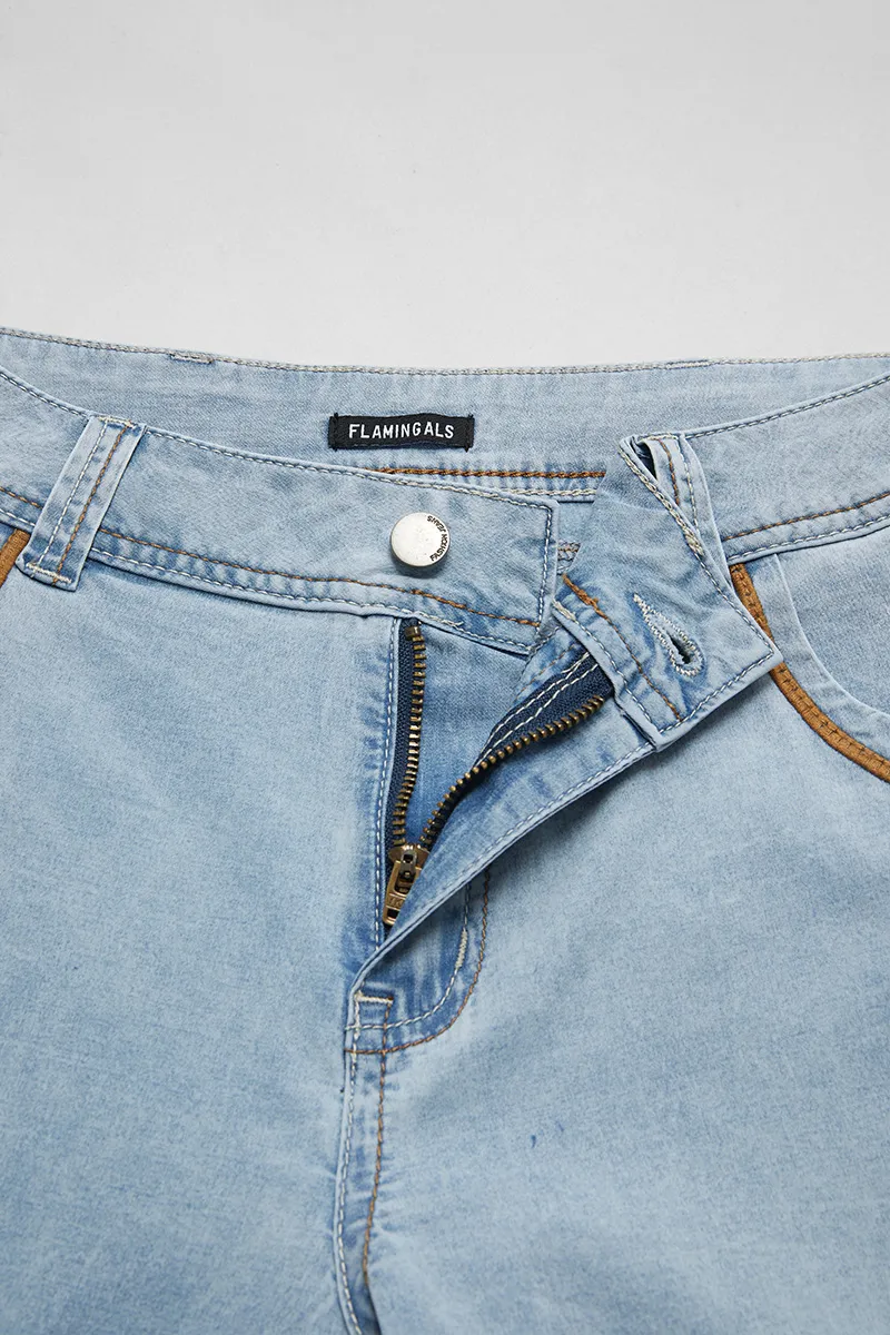 Stitch Detail Stretchy Low Waist Straight Leg Jeans