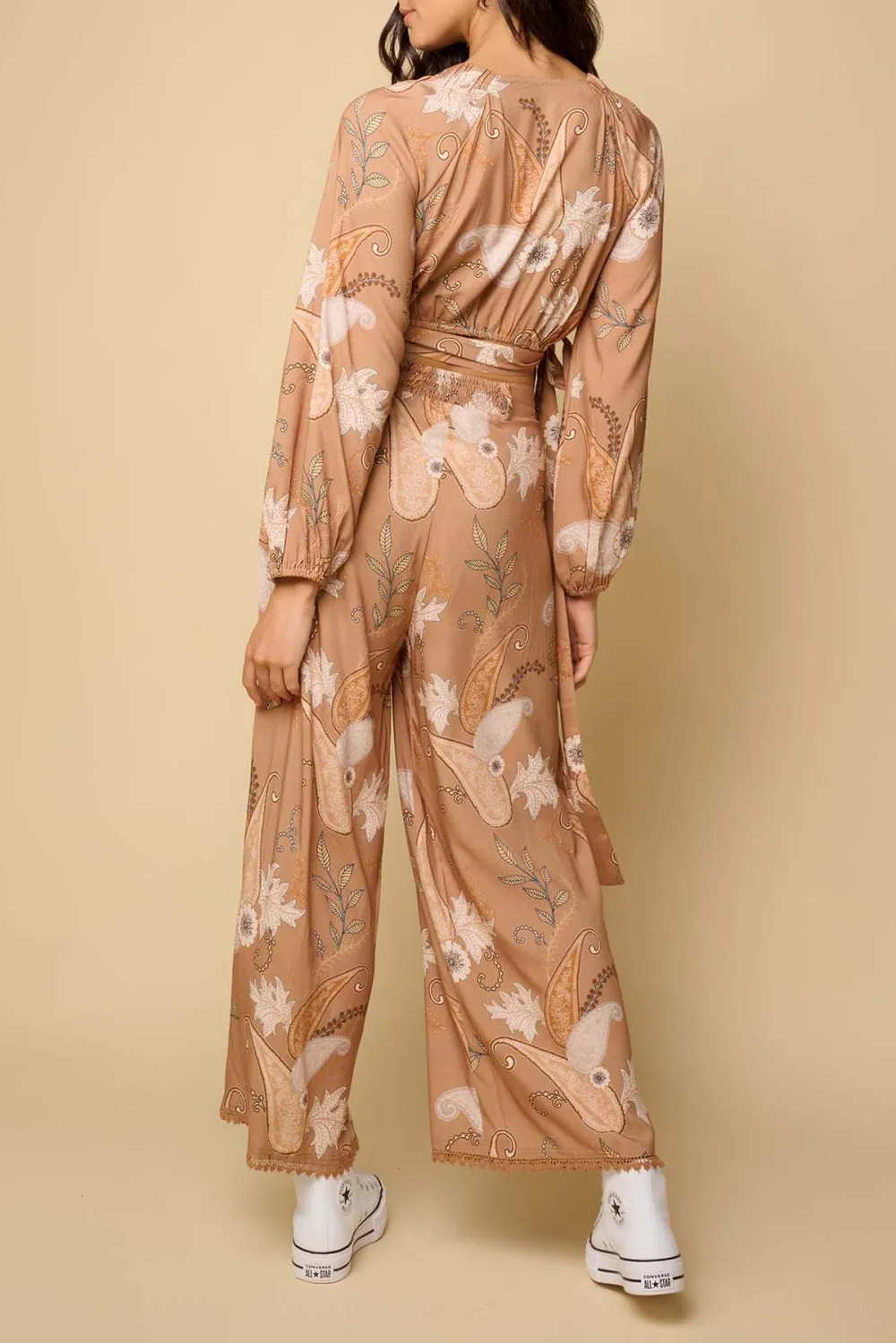 Tan Print Crop Top And Pants Set