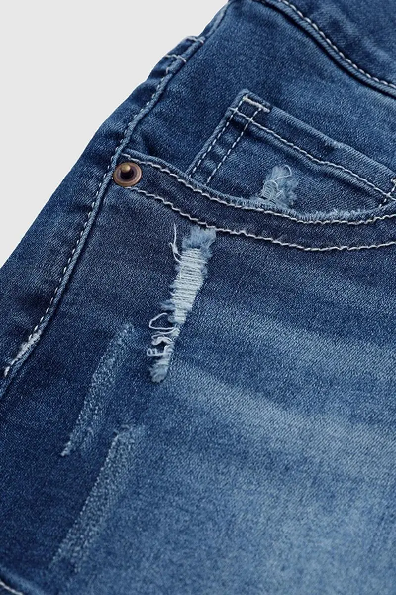 Ripped Raw Hem Button Up Mid Rise Denim Shorts