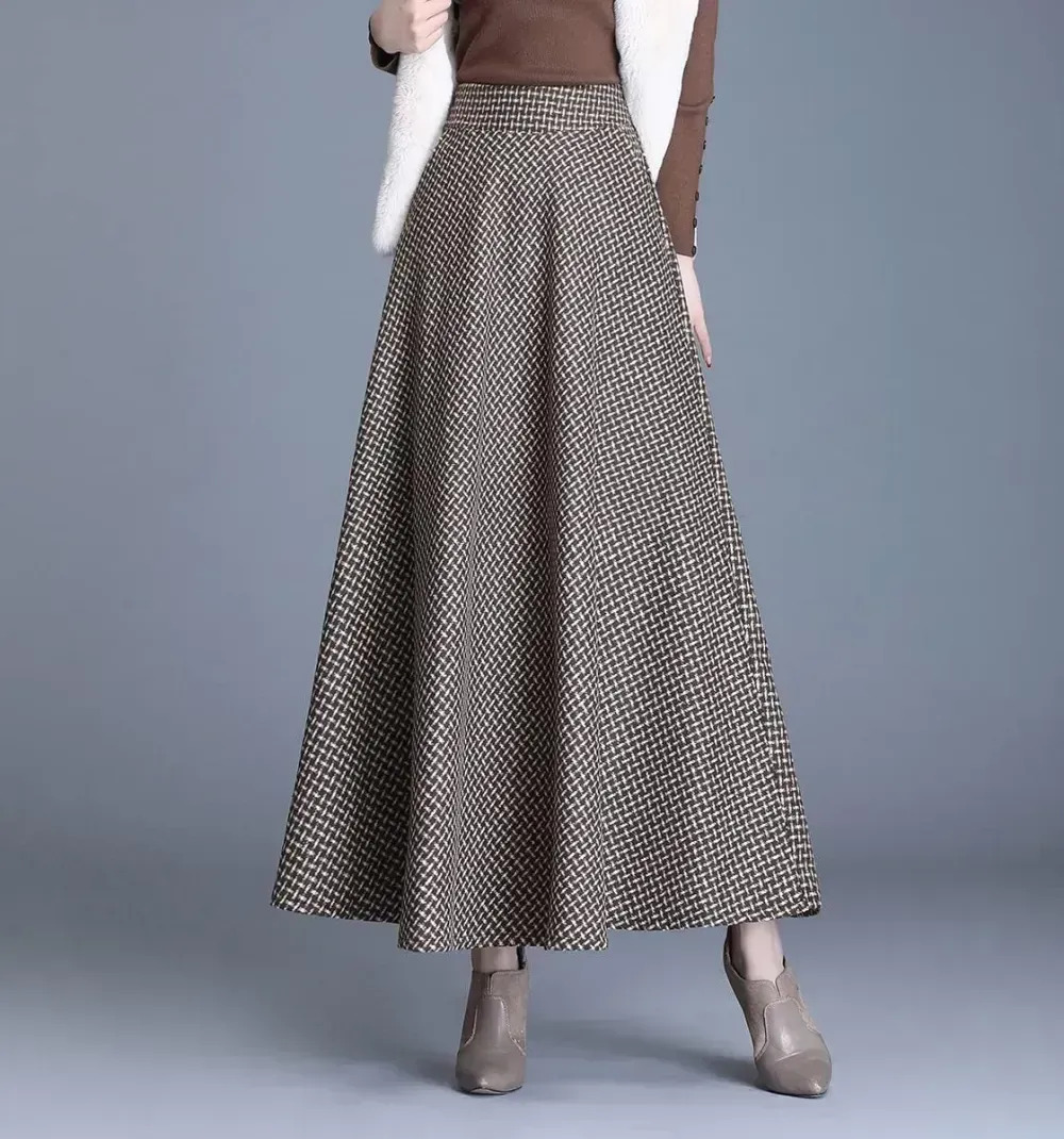 Women's Winter Elegant Warm Long Skirt Wool Maxi Skirts Elastic Waist A-Line High Waist Plaid Pleated Skirt S-3XL