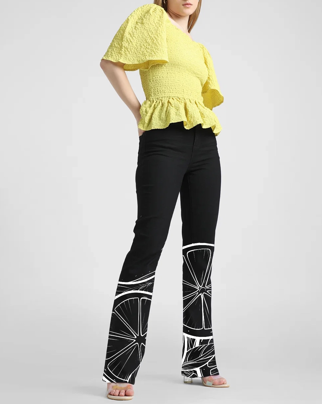 Black High Rise Flared Jeans with White Geometric Print