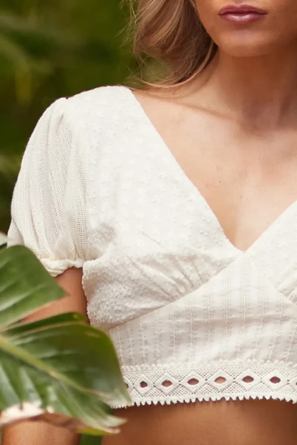 White Puff Sleeve V Neck Crop Top