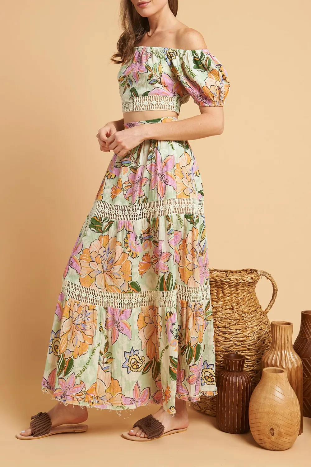 Multicolor Floral Print High Waisted Maxi Skirt