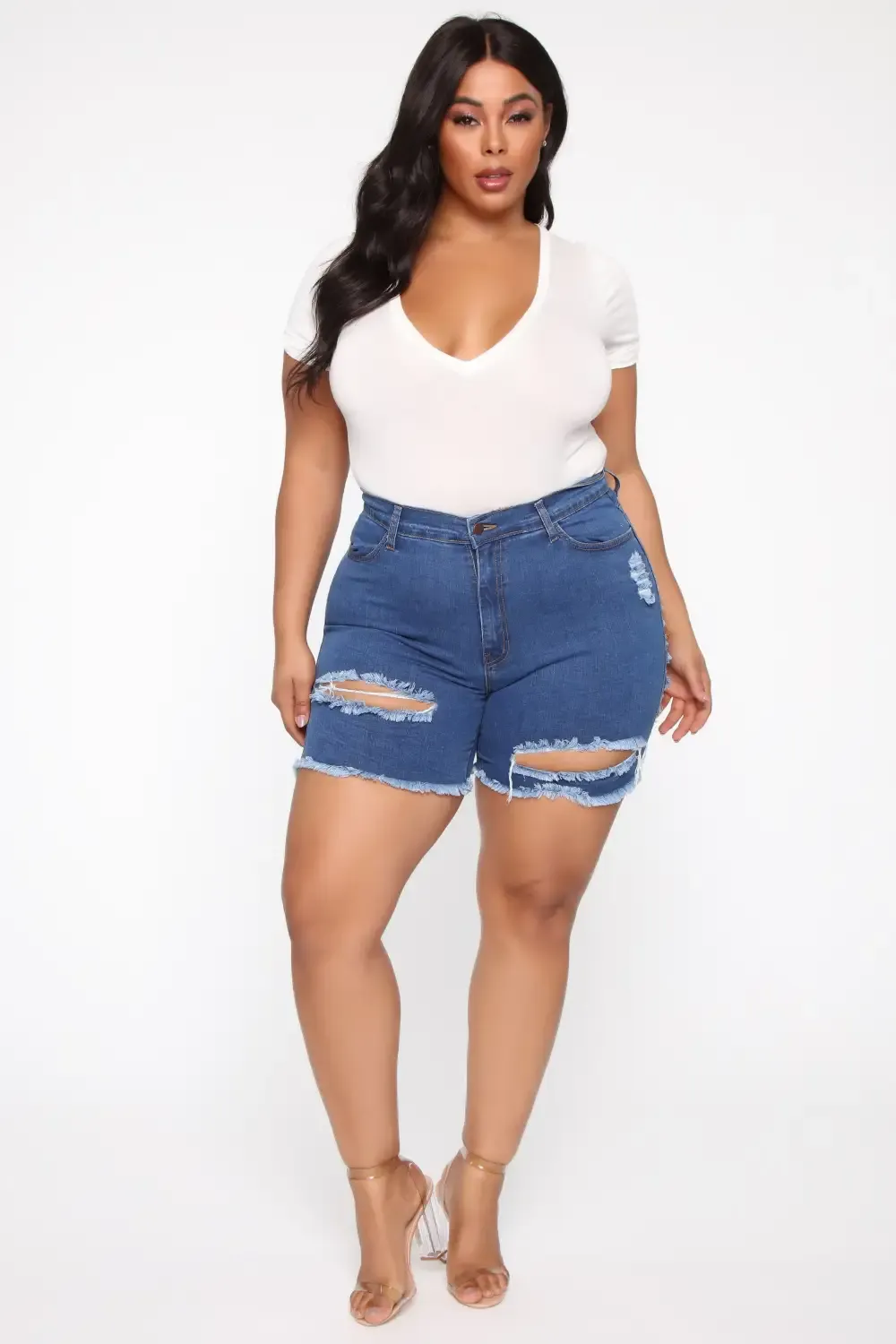A Lot To Love Distressed Bermuda Shorts - Medium Blue Wash