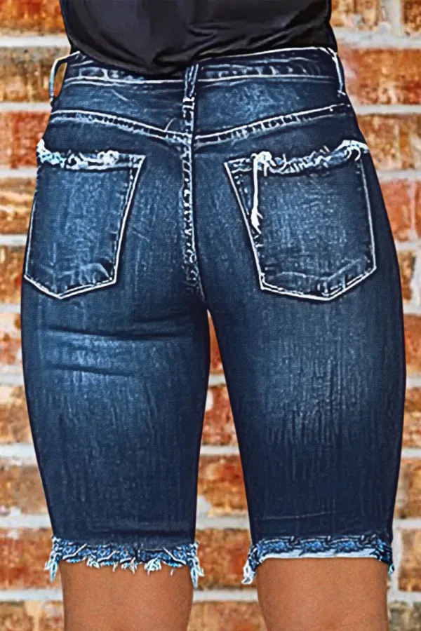 Raw Hem Wash High Waist Skinny Denim Bermuda Shorts