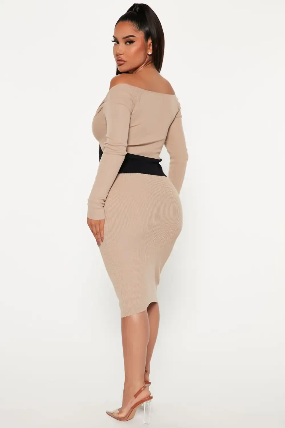 Think of U Sweater Midi Dress - Taupe/combo