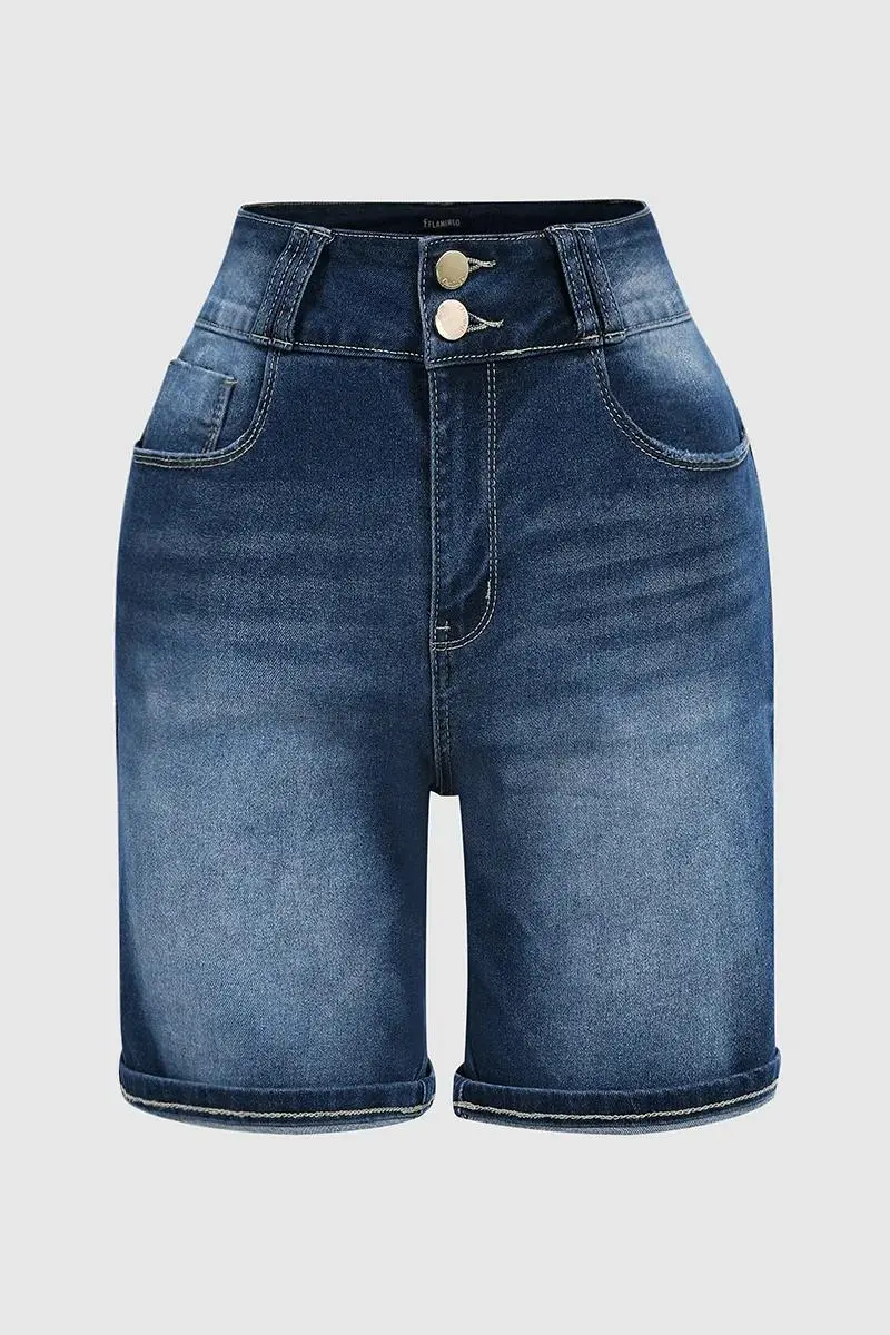 Double Button High Waist Denim Mid Thigh Shorts