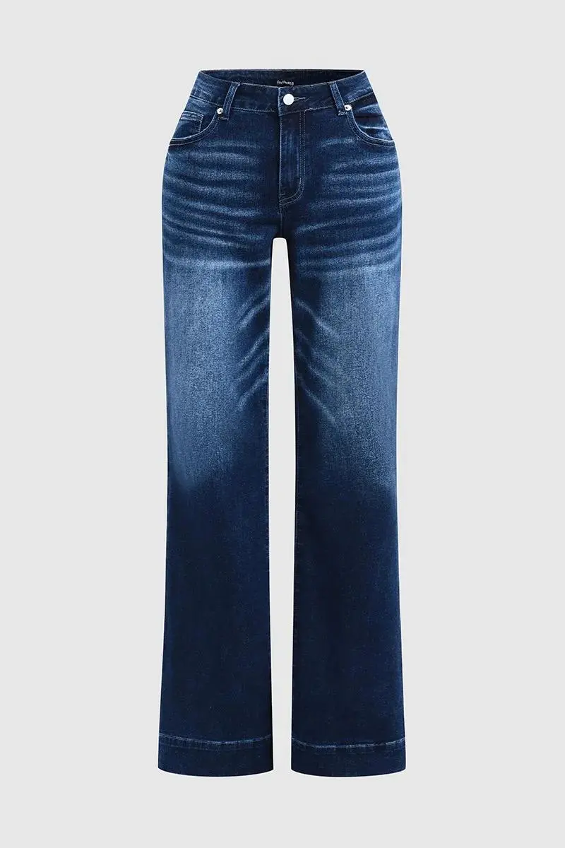 Pocket Detail Mid Rise Straight Leg Jeans Without Belt