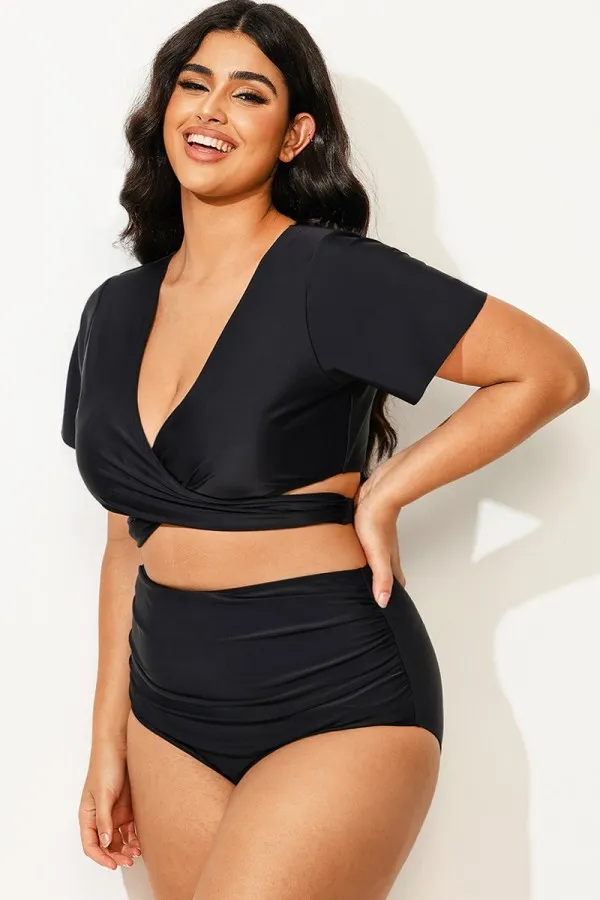 Black Solid V-Neck Ruched Bikini Top