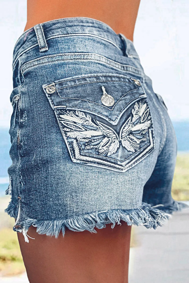 Embroidery Ripped Raw Hem Button Fly Mid Rise Denim Shorts