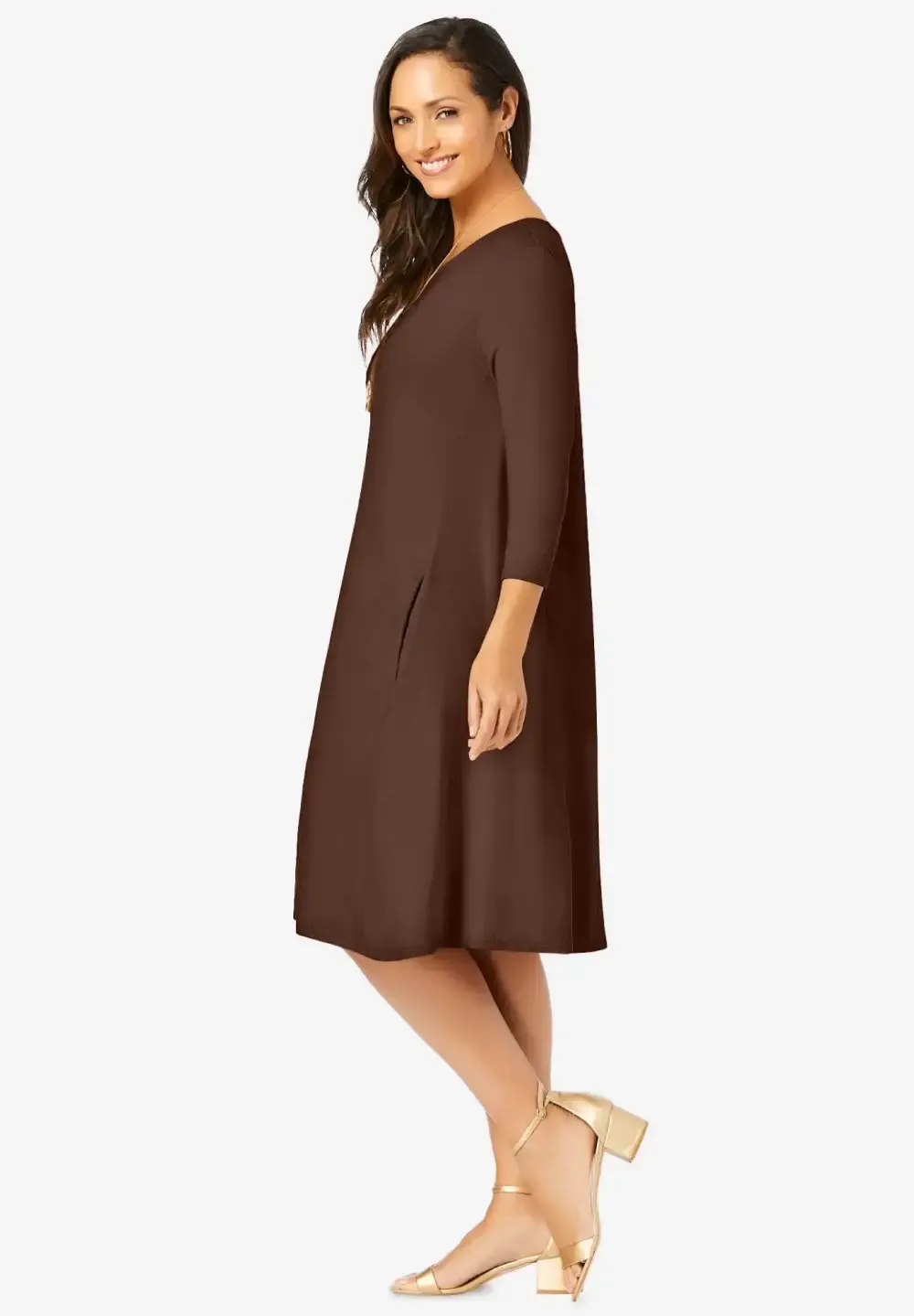 Stretch Knit Three-Quarter Sleeve T-shirt Dress