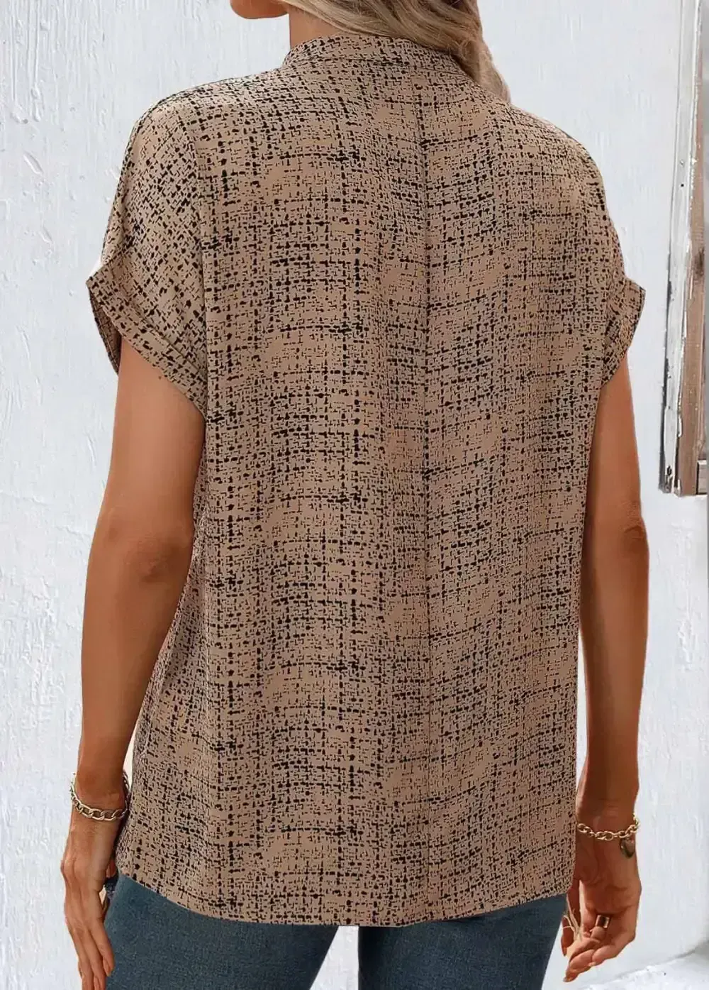Sage Green Split Geometric Print Short Sleeve Blouse
