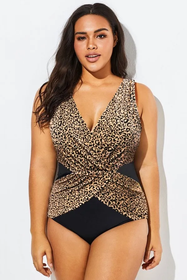 Black V-Neck Streak Modern One Piece Swimsuit