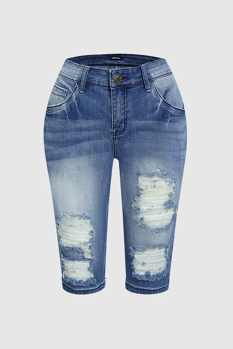 Wash Cut Out Low Waist Denim Bermuda Shorts